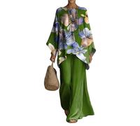 Gienslru 2 Pezzi Tuta Donna Complete Elegante Lino Estivo Boho Chic Top Kaftano Vintage e Pantaloni Gamba Larga Tute Curvy Completo Cerimonia Leggero Taglie Forti Spiaggia Vacanze Primaverile Set