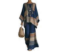 Gienslru 2 Pezzi Tuta Donna Complete Elegante Lino Estivo Boho Chic Top Kaftano Vintage e Pantaloni Gamba Larga Tute Curvy Completo Cerimonia Leggero Taglie Forti Spiaggia Vacanze Primaverile Set