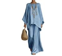 Gienslru 2 Pezzi Tuta Donna Complete Elegante Lino Estivo Boho Chic Top Kaftano Vintage e Pantaloni Gamba Larga Tute Curvy Completo Cerimonia Leggero Taglie Forti Spiaggia Vacanze Primaverile Set