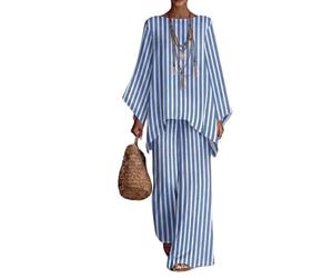 Gienslru 2 Pezzi Tuta Donna Complete Elegante Lino Estivo Boho Chic Top Kaftano Vintage e Pantaloni Gamba Larga Tute Curvy Completo Cerimonia Leggero Taglie Forti Spiaggia Vacanze Primaverile Set
