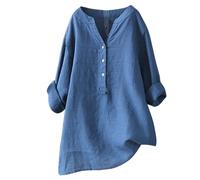 Gienslru Camicia Donna Cotone e Lino, A-line, Kaftan-inspired, Manica Lunga, Scollo a V, Blu, 5XL, Donna, Per ogni occasione