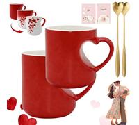Gienslru Heat Changing Heart Mug, Heart-Shaped Color Changing Magic Ceramic Mug with Red Hearts Design, Color Changings Hearts Handle Ceramic Mugs for Valentine'S Day, Mother'S Day Gifts (Red*2)
