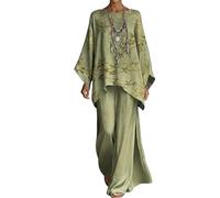 Gienslru Tuta Completa Lino Donna Estivo Boho Chic 2 Pezzi Top Kaftano Vintage e Pantaloni Gamba Larga Tute Elegante Cerimonia Completo Co-ord Set Leggero Taglie Forti Spiaggia Vacanze Streetwear