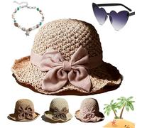 Gienslru Versatile Retro Woven Handmade Straw Hat with Ruffled Bow, Flower Shape Cloche Hat, UV Protection Ruffle Wide Brim Straw Bucket Hats, Foldable Breathable Travel Beach (Pink)