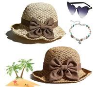 Gienslru Versatile Retro Woven Handmade Straw Hat with Ruffled Bow, Flower Shape Cloche Hat, UV Protection Ruffle Wide Brim Straw Bucket Hats, Foldable Breathable Travel Beach (Beige+Khaki)
