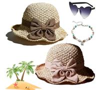 Gienslru Versatile Retro Woven Handmade Straw Hat with Ruffled Bow, Flower Shape Cloche Hat, UV Protection Ruffle Wide Brim Straw Bucket Hats, Foldable Breathable Travel Beach (Beige+Pink)
