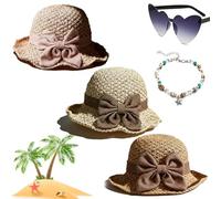 Gienslru Versatile Retro Woven Handmade Straw Hat with Ruffled Bow, Flower Shape Cloche Hat, UV Protection Ruffle Wide Brim Straw Bucket Hats, Foldable Breathable Travel Beach (Mix)