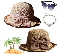 Gienslru Versatile Retro Woven Handmade Straw Hat with Ruffled Bow, Flower Shape Cloche Hat, UV Protection Ruffle Wide Brim Straw Bucket Hats, Foldable Breathable Travel Beach (Khaki+Pink)