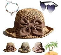 Gienslru Versatile Retro Woven Handmade Straw Hat with Ruffled Bow, Flower Shape Cloche Hat, UV Protection Ruffle Wide Brim Straw Bucket Hats, Foldable Breathable Travel Beach (Khaki)