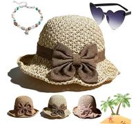 Gienslru Versatile Retro Woven Handmade Straw Hat with Ruffled Bow, Flower Shape Cloche Hat, UV Protection Ruffle Wide Brim Straw Bucket Hats, Foldable Breathable Travel Beach (Beige)