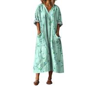 Gienslru Vestiti Estivi Donna Boho Chic in Lino Abito Lunghi Floreali Scollo a V Maniche a 3/4 Vestito Vintage con Tasche Elegante e Comodo Kaftan Mare Taglie Forti Curvy Copricostume Primavera 2026