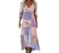 Gienslru Vestito Lino Donna Estivo Lungo Boho Chic Abito Scollo a V Manica 3/4 Maxi Abitos Vintage Elegante e Comodo Vestitos per Mare Vacanza Primavera Estate Taglie Forti Curvy Summer Dresses 2026