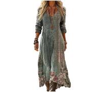 Gienslru Vestito Lino Donna Estivo Lungo Boho Chic Scollo a V Manica 3/4 Abito Maxi Floreale Vintage Elegante e Comodo per Mare Vacanza Primavera Estate Taglie Forti Curvy 2026 Dresses