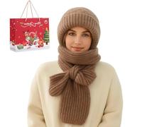 Gienslru Winter Versatile Knitted Hooded Scarf for Women, Integrated Ear Protection Windproof cap Scarf, Warm Ear Protection Knitted Hat for Women (IT, Testo, Taglia Unica, B)