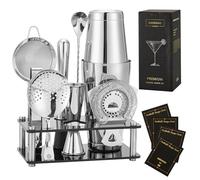 Gienxias Boston - Set di 10 shaker da cocktail in acciaio inox, con colino da bar, pinza per ghiaccio, cucchiaio da bar, misurino e supporto in acrilico, barista domestico e professionale (argento)