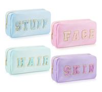 Giesiery 4 sacchetti per trucchi in ciniglia, in nylon, con lettere, per viso, pelle, capelli, articoli da toeletta per casa, spiaggia, viaggi, palestra, ufficio (colori misti), Colori misti.,