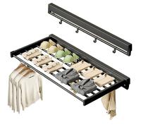 GIFALPXO Stendibiancheria Pieghevole A Parete Salvaspazio con Ripiano in Rete E 6 Ganci Regolabili, Portasciugamani Senza Trapano per Bagno, Lavanderia, Organizzazione dell'Armadio,Nero,44cm