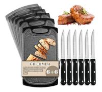 Gifcomda Set di 6 taglieri per la colazione e set di 6 coltelli da bistecca, 25x15 cm Piccolo set di taglieri in plastica grigio scuro, lavabile in lavastoviglie