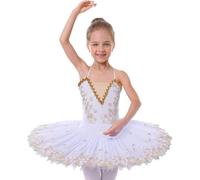 GiftGalore Ragazze body danza con piastra, tutù professionale, gonna in organza rigida, gonna danza orlo piuma di cigno lago senza maniche body danza.(Non-luminous-White,5-6 anni)