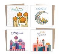 Giftinghouse Eid - Confezione da 4/12 buste con buste - Eid Mubarak Cards multipack biglietti di auguri - Eco Friendly Happy Eid Card per bambini e famiglia (disegni vivaci, 4 biglietti con buste)