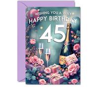 Giftzie Biglietto di auguri per il 45° compleanno, con bottiglia di champagne, splendido e grazioso biglietto di auguri per donne di 45 anni, formato A5, regalo