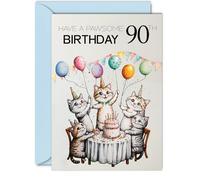 Giftzie Biglietto di auguri per il 90° compleanno per uomini e donne, con palloncini e gatti, per 90° compleanno, per uomo e donna, formato A5, con gatto