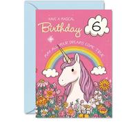 Giftzie Simpatico biglietto di auguri per il 6° compleanno, con unicorno stravagante con arcobaleno e fiori, pieno di colori allegri e charm, formato A5, busta inclusa