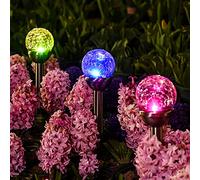 GIGALUMI Luci solari per esterni, sfere in vetro incrinato, a doppio LED, luci da giardino, paesaggio/vialetto, per sentieri, patio, cortile, cambia colore e bianco, confezione da 3