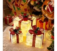 GIGALUMI Set di 3 Scatole Natalizie Luminose, 60 LED Scatole Regalo di Natale, 8 Modalità Luci Natalizie con Fiocco per Feste, Casa, Decorazioni per L'albero (Rosso)