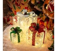 GIGALUMI Set di 3 Scatole Natalizie Luminose, 60 LED Scatole Regalo di Natale, 8 Modalità Luci Natalizie con Fiocco per Feste, Casa, Decorazioni per L'albero (Colorato)