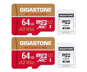 Gigastone Scheda di memoria da 64 GB, confezione da 2 schede, 4 K, fotocamera Pro, compatibile con GoPro Switch, velocità 95 MB/s. Scheda Micro SDXC A2 U3 V30 con adattatore SD.