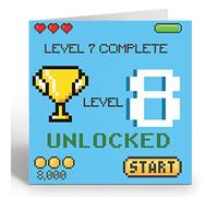 GIGGLE GREETINGS Biglietto di compleanno per bambina o ragazzo di 8 anni, biglietto di compleanno per videogiochi sbloccato livello 8, con busta blu, biglietto ecologico