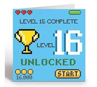 GIGGLE GREETINGS Biglietto di compleanno per ragazza o ragazzo di 16 anni, biglietto di compleanno per videogiochi sbloccato livello 16, con busta blu, biglietto ecologico