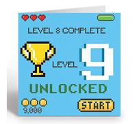 GIGGLE GREETINGS Biglietto di compleanno per ragazzo/bambina di 9 anni, livello 9, sbloccato, con busta blu, ecologico