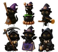 Giggleye Set di 6 decorazioni da giardino per Halloween, motivo: gatti neri, con cappello da strega, scopa e libro magico, resistenti alle intemperie e stabili con supporto, per giardino, terrazza