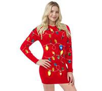 Giggling Getup Abito da donna rosso lungo brutto natalizio con lampadine luminose colorate, abiti di Natale per le donne, brutto maglione divertente, Colore: rosso, S