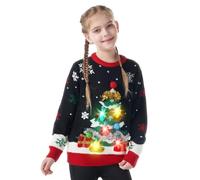 Giggling Getup Brutto maglione natalizio per bambini con illuminazione a LED per albero di Natale brutto maglione natalizio per bambini, Nero , 8-10 anni