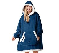 Giggling Getup Felpa con Coperta Indossabile per Donne e Uomini - Felpa con Coperta Oversize in Flanella e Sherpa Fleece con Cappuccio - Coperta con Tasca e Maniche, Regali per Adulti Blu Navy