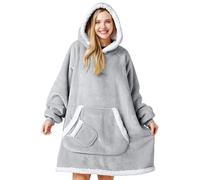 Giggling Getup Felpa con Coperta Indossabile per Donne e Uomini - Felpa con Coperta Oversize in Flanella e Sherpa Fleece con Cappuccio - Coperta con Tasca e Maniche, Regali per Adulti Grigio