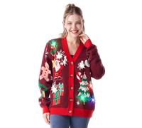 Giggling Getup Ugly Sweater Cardigan da donna con luci a LED di Natale Renna Renna Maglione con lampadine integrate, Colore: rosso, L