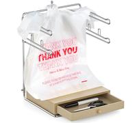 GIGIFTREE Porta sacchetti della spesa in plastica, cromato per magliette, organizer per sacchetti di plastica con base con cassetti in legno, per negozi di alimentari, supermercati, ristoranti