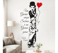 Gigio Store Adesivo Murale Charlie Chaplin "Un Giorno Senza Sorriso" - Wall Sticker Nero Cuore Rosso, Decorazione Parete Cinema Vintage, Frase Celebre per Soggiorno, Camera, Ufficio - Regalo Originale