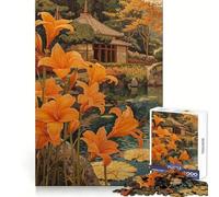 Gigli arancioni di A Japanese House Puzzle da 1000 pezzi per ragazzi Puzzle di memoria Sollevamento Leggero Rilassante Immagine Assemblaggio (38x52cm)