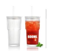 Gigmeta 2 Pezzi Bicchieri con coperchio, 600 ml Bicchieri per caffè freddo e Frappè, con Cannucce Riutilizzabili e Spazzolino per Cannucce, ideali per Caffè Freddo, Tè, Frappè e Succhi di Frutta