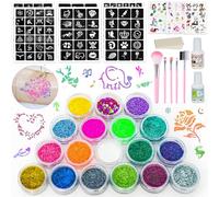 Gigmeta Set di tatuaggi glitterati, 18 colori, tatuaggi temporanei con 138 stencil, 5 pennelli, 3 adesivi cartoni animati, 2 adesivi e 1 spugna