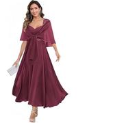 GIJMZY Abiti Da Cerimonia For La Madre Della Sposa In Chiffon, Linea Ad A, Lunghezza Tè, Con Scialle, Lunghi In Pizzo E For Le Donne