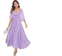 GIJMZY Abiti Da Cerimonia For La Madre Della Sposa In Chiffon, Linea Ad A, Lunghezza Tè, Con Scialle, Lunghi In Pizzo E For Le Donne