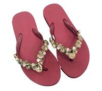 GIJMZY Comfortable All-match Beach Shoes Non-slip Soft Bottom Casual Flip-flops Rhinestone Chain Flat Slippers(Burgundy,38)