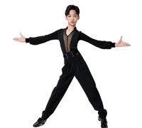 GIJMZY Pantaloni Uomo Eleganti Costume da Ballo Latino for Bambini, Top in Rete Nera con Scollo A V, Set for Esercitazioni di Rumba E Samba(Black Tops-Pants,XL)