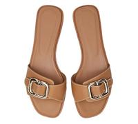 Gikleihwy Pantofole Piatte con Una Sola Parola da Donna Fibbia in Metallo Punta Quadrata Punta Aperta Slip-on Sandali Moda Abito Sexy Matrimonio Estate Scarpe con Tacco Grosso(Braun,35 EU)